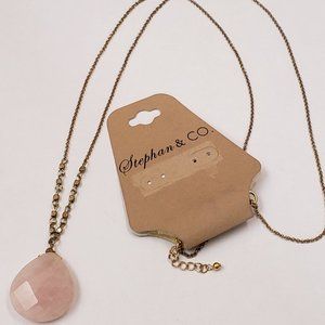 Stephan & Co, long gold necklace with rose quartz gemstone pendant, NWT